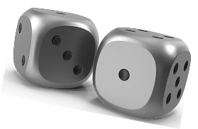 Két fém kocka, lekerekített élekkel és sötét pontokkal, átlátszó háttér előtt.